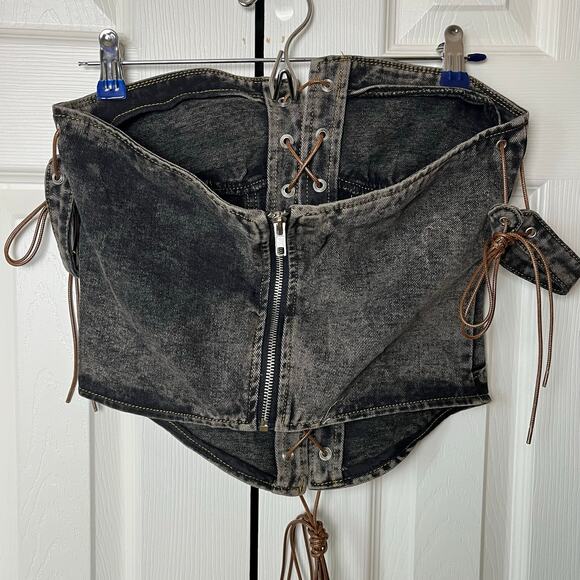 Pretty Little Thing Shape Brown Denim Lace Up Front Corset 6 - Picture 5 of 9